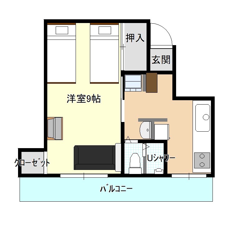 402号室 間取り図(洋室9帖・キッチン・シャワー・バルコニー)